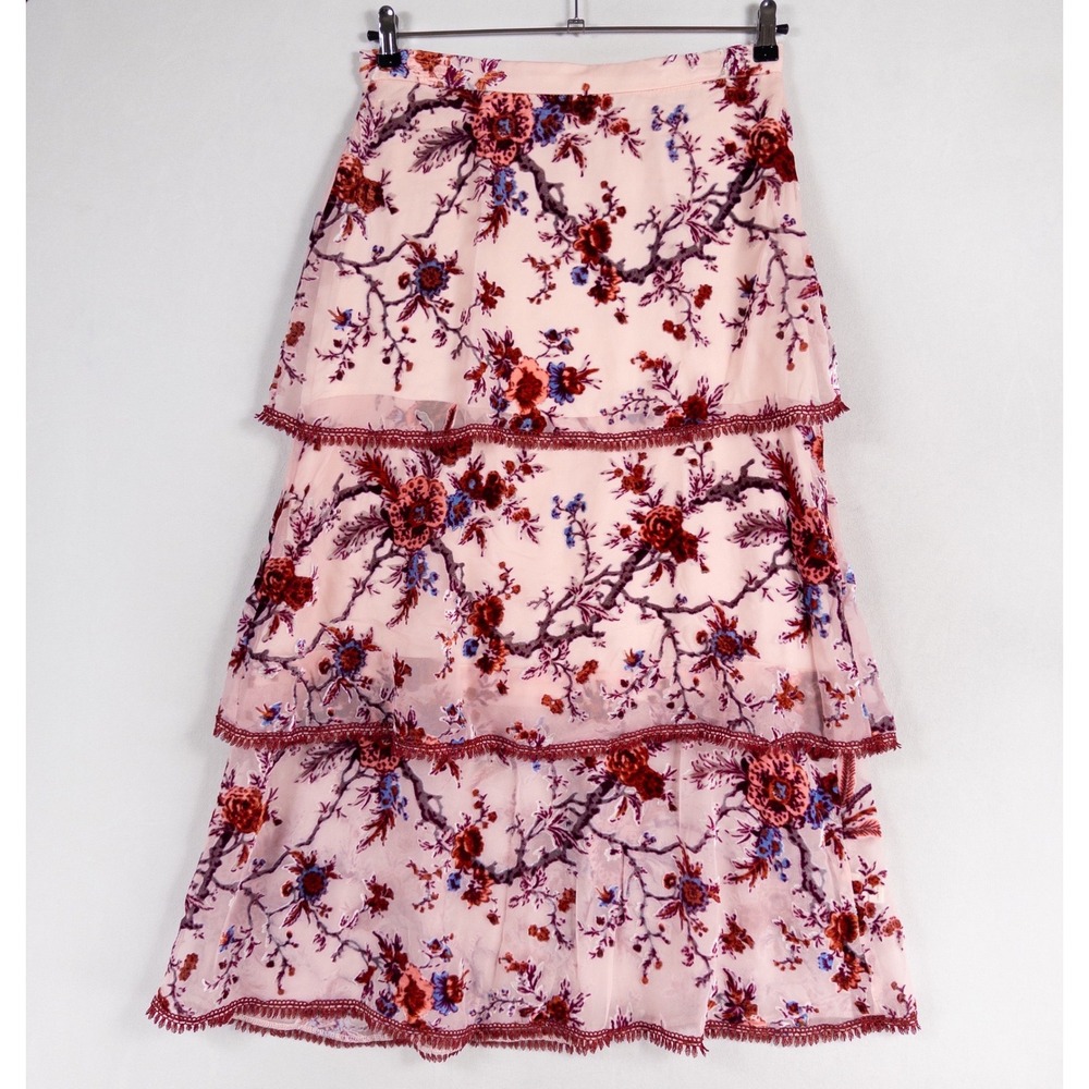 Willow & Clay Maxi Skirt Sz Medium Red Pink Floral Velvet Burnout Tiered Fringe
